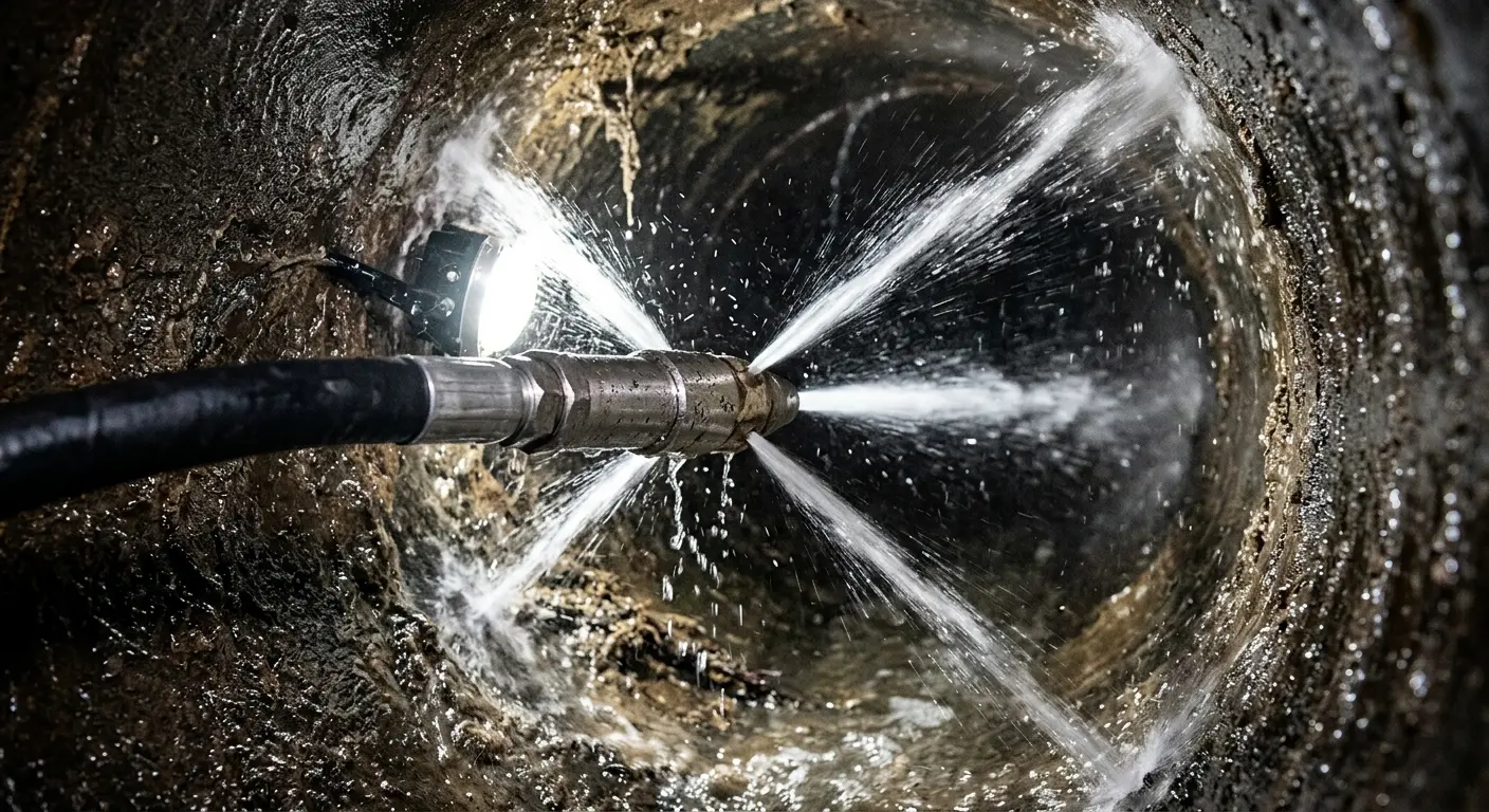 High-pressure hydro jetting nozzle cleaning sewer pipe for Trenchless Sewer Repair in Scottsburg