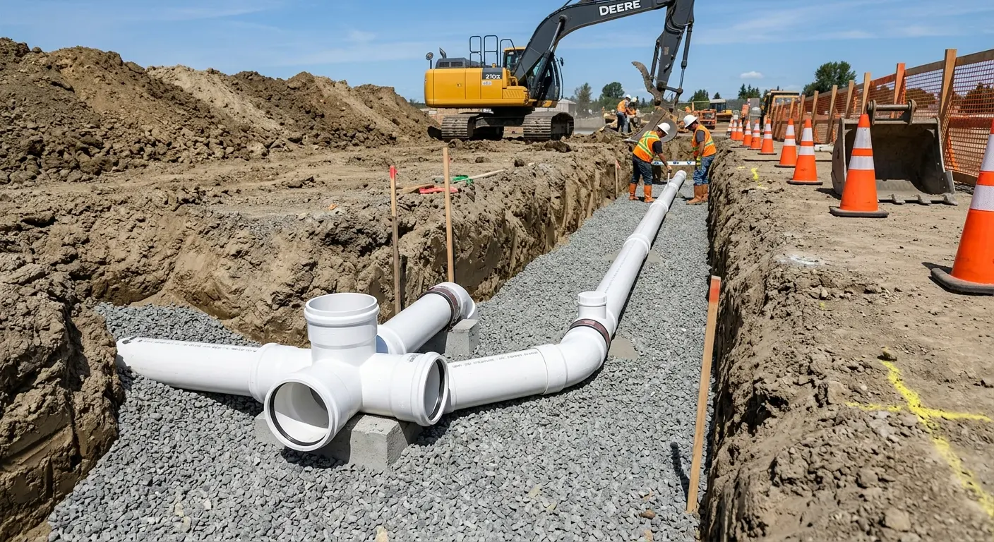 New PVC sewer pipe installation in open trench for Commercial Drain Cleaning in Scottsburg