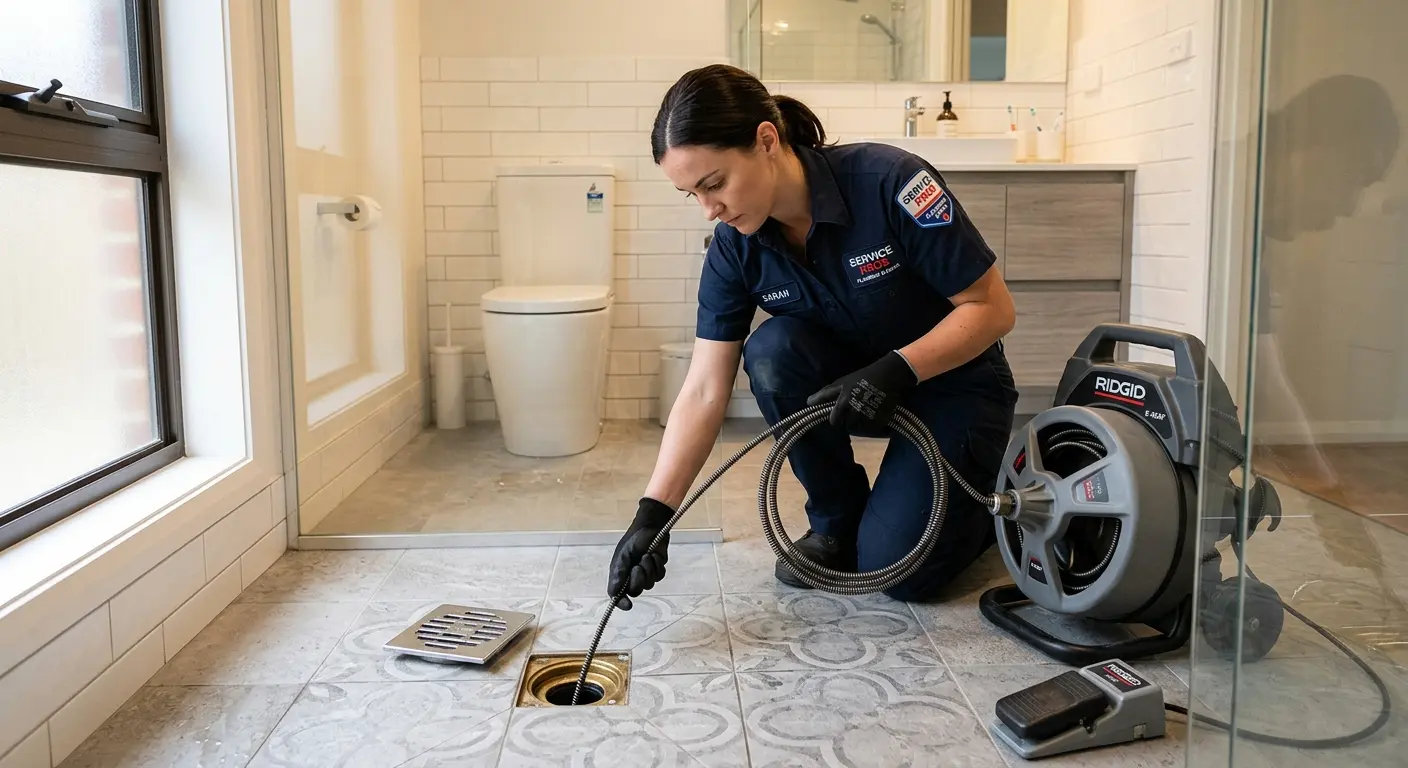 Technician clearing a bathroom floor drain for Clogged Drain Repair in Scottsburg